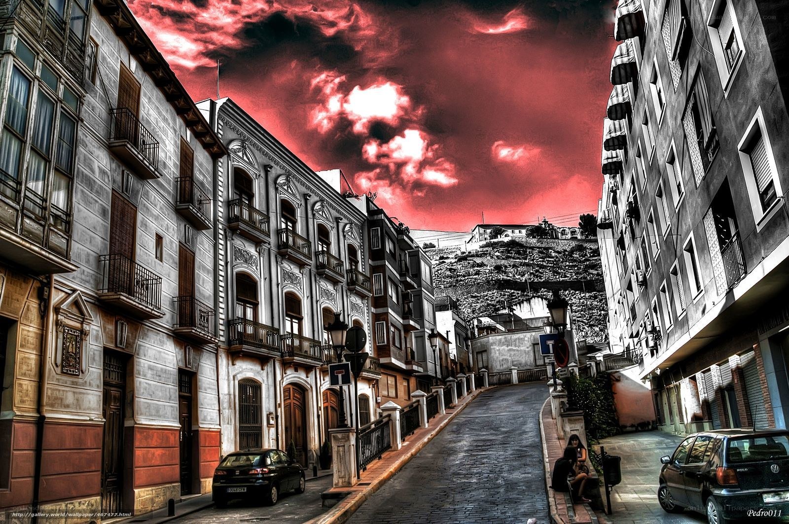 Red sky over a narrow street
