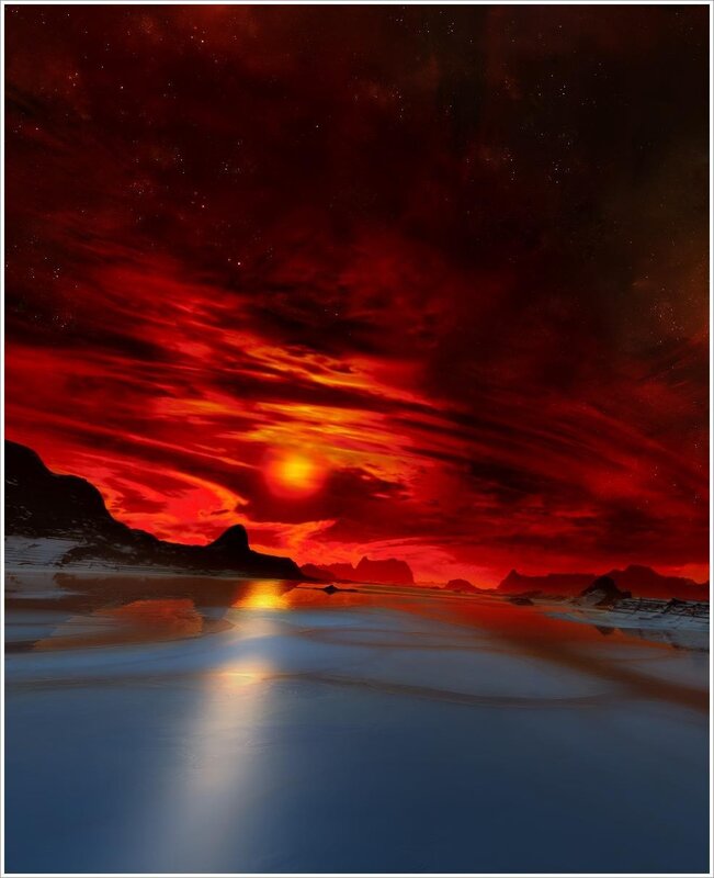 Red sky over alien landscape