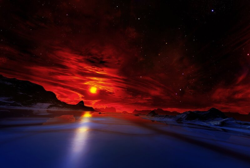 Red sky over alien landscape