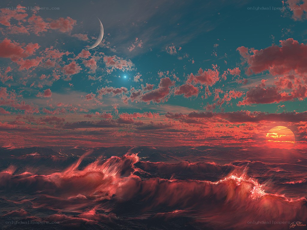 Red sky over alien ocean