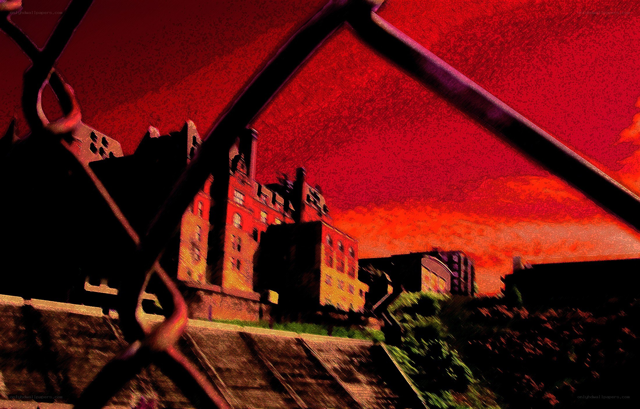 Red sky over city buildings
