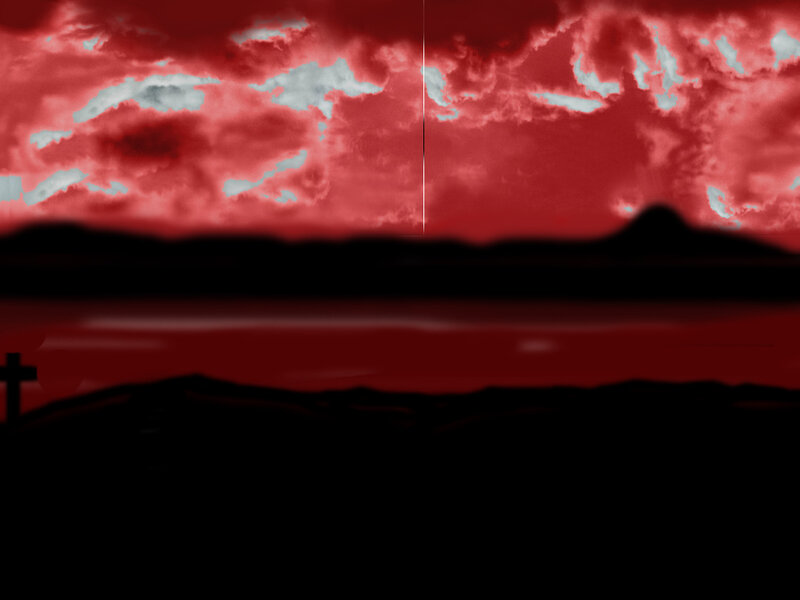 red sky over dark landscape