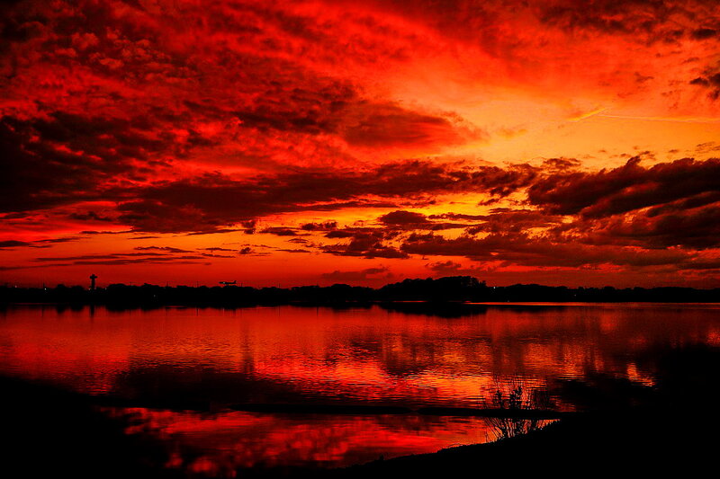 Red Sky over Lake — Dramatic, Sunset, Photograph, Clouds