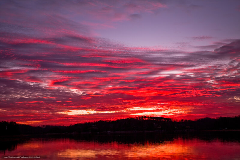 Red Sky over Lake — Dramatic, Sunset, Photograph, Clouds, Trees