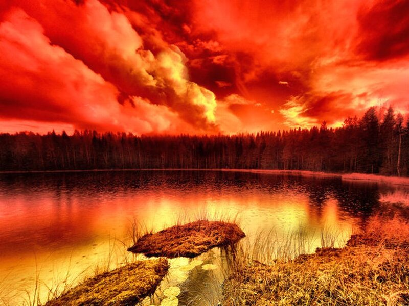 Red Sky over Lake — Dramatic, Sunset, Photograph