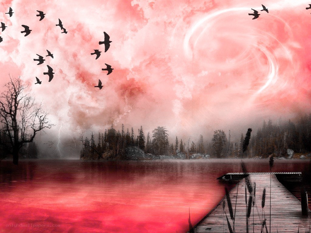 Red sky over lake with birds