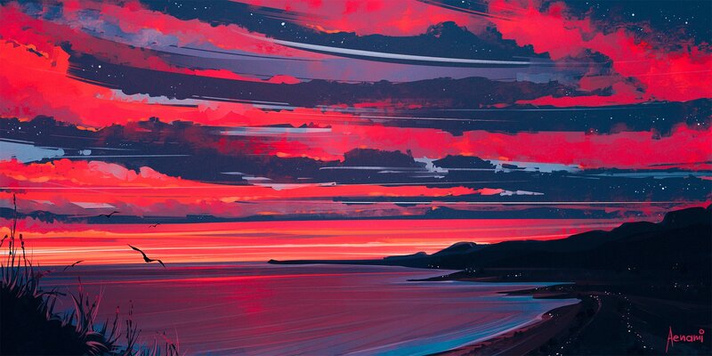 Red Sky over Ocean — Dramatic, Sunset