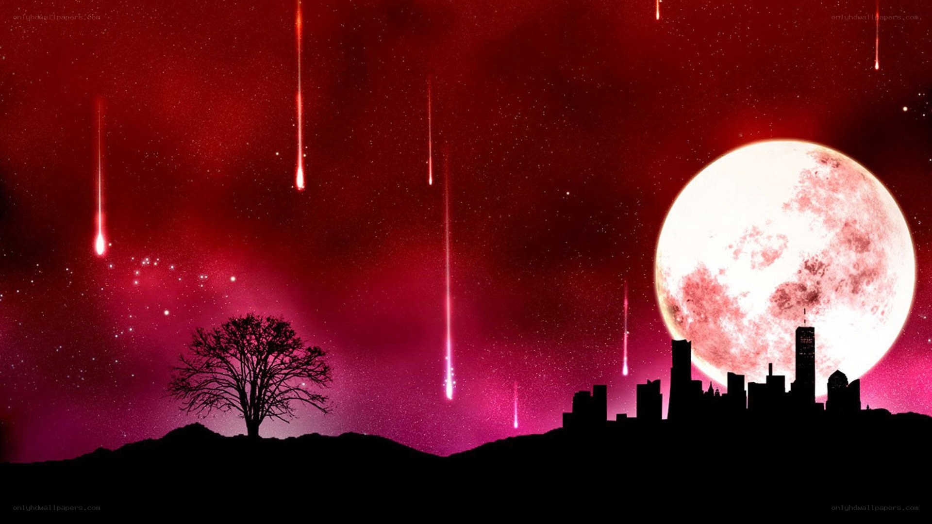 Red sky with meteor shower