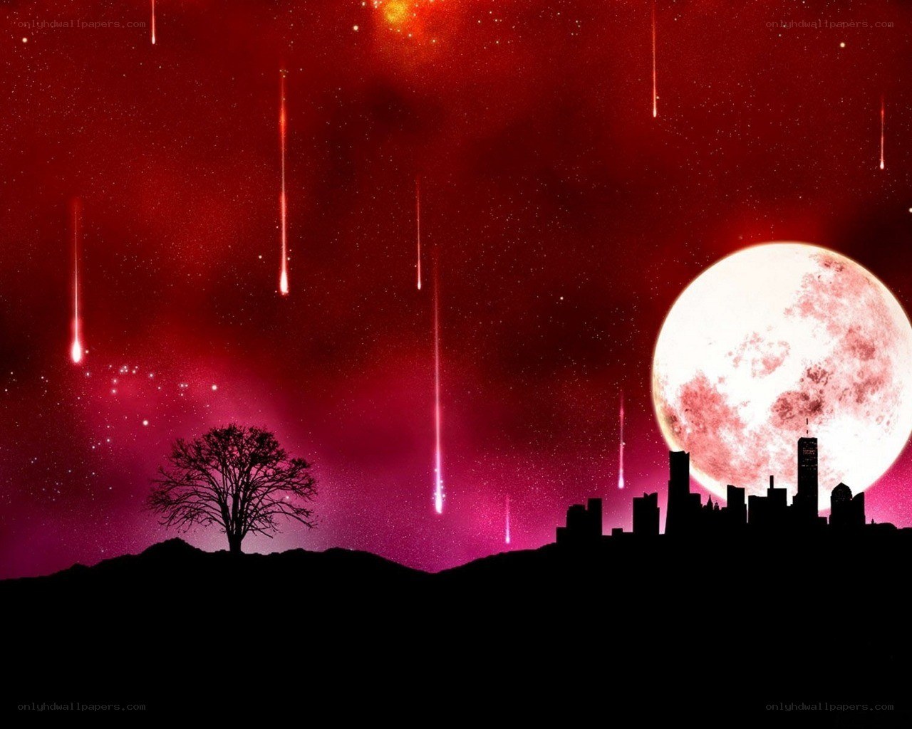 Red sky with meteor shower