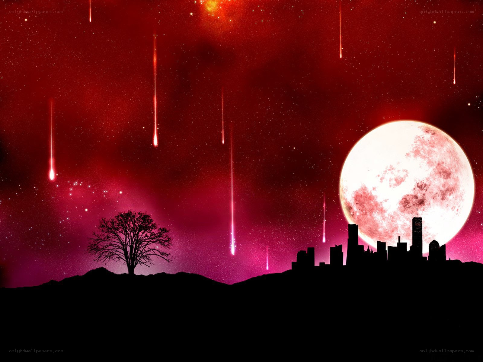 Red sky with meteor shower