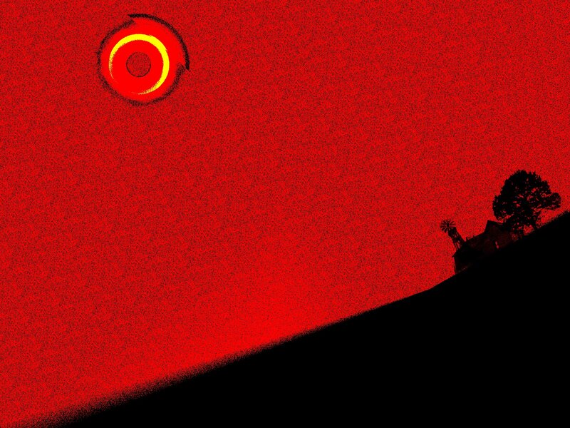 Red sky with sun and silhouette