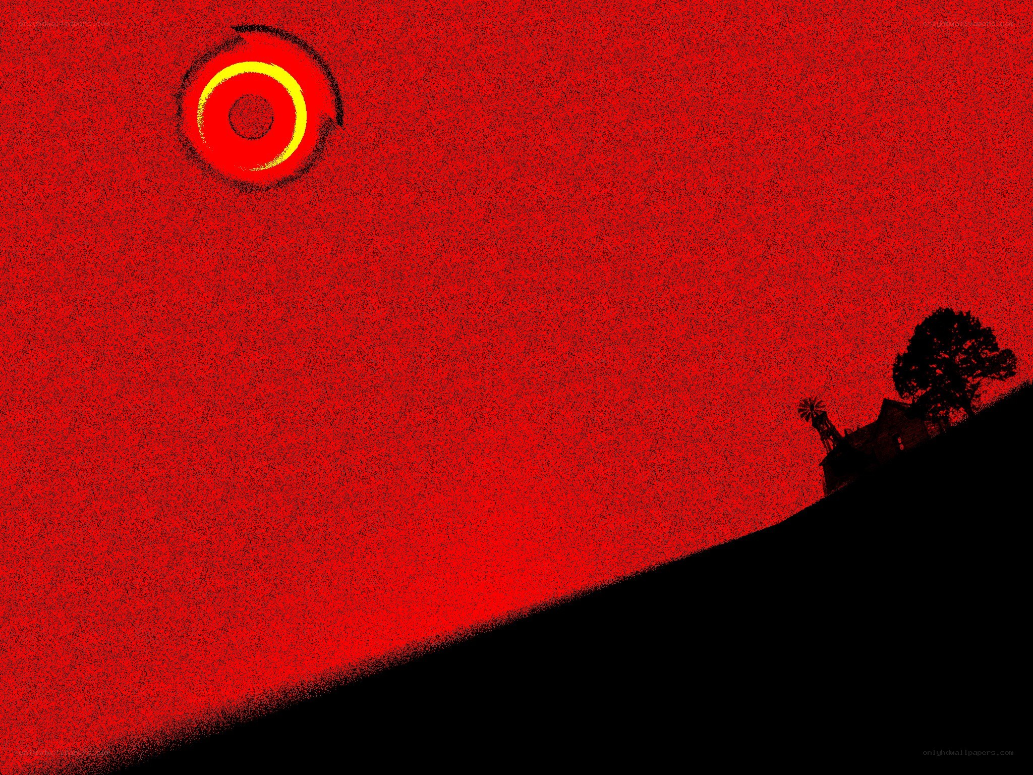 Red sky with sun and silhouette