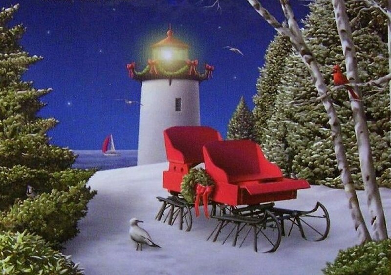 Red Sleigh Near Lighthouse — Serene