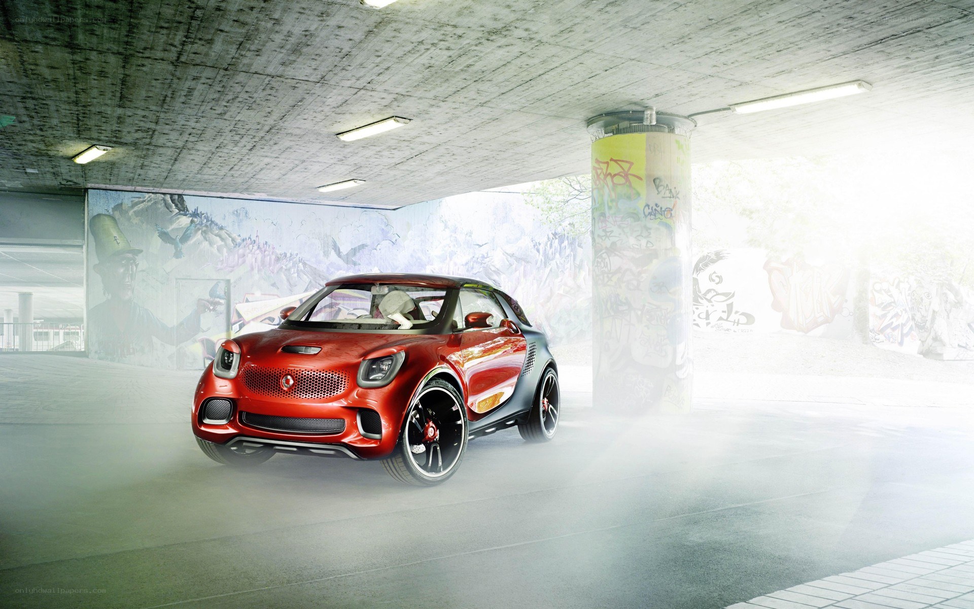 Red smart car in urban tunnel