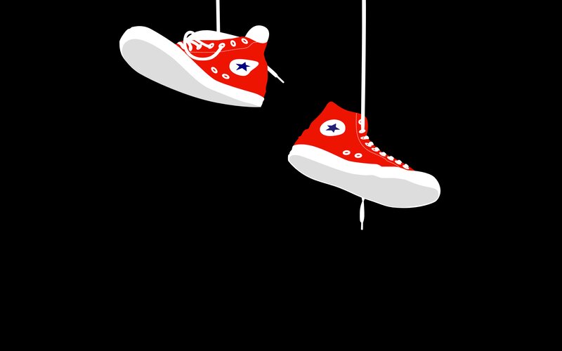 Red Sneakers Hanging — Minimalist, Vector Art, Shoes
