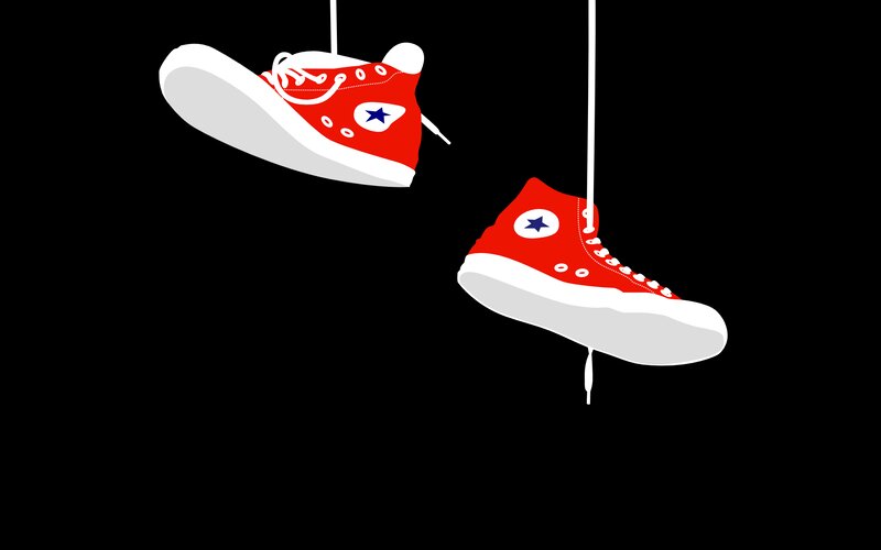 Red Sneakers Hanging — Minimalist, Vector Art, Strings