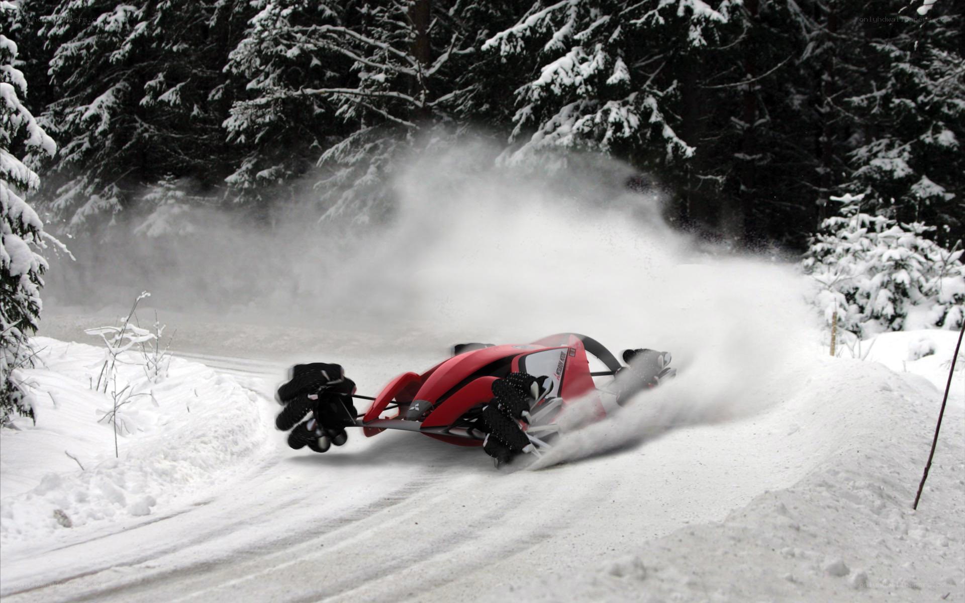 Red snow vehicle in forest