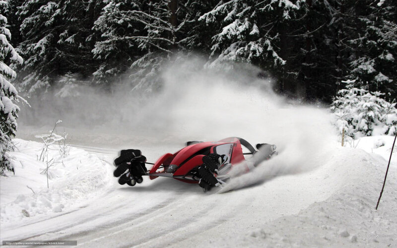 Red snow vehicle in winter forest