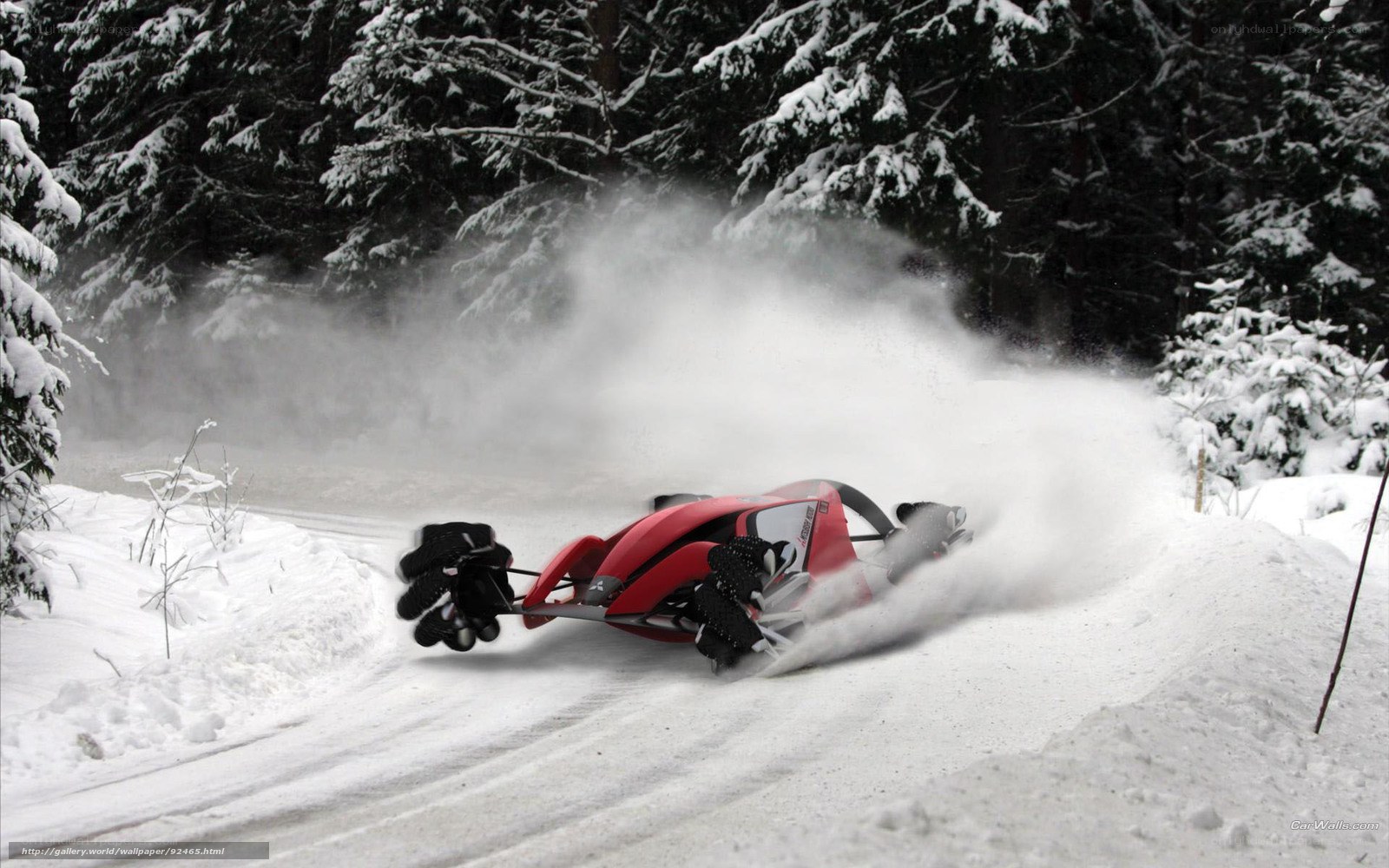 Red snow vehicle in winter forest