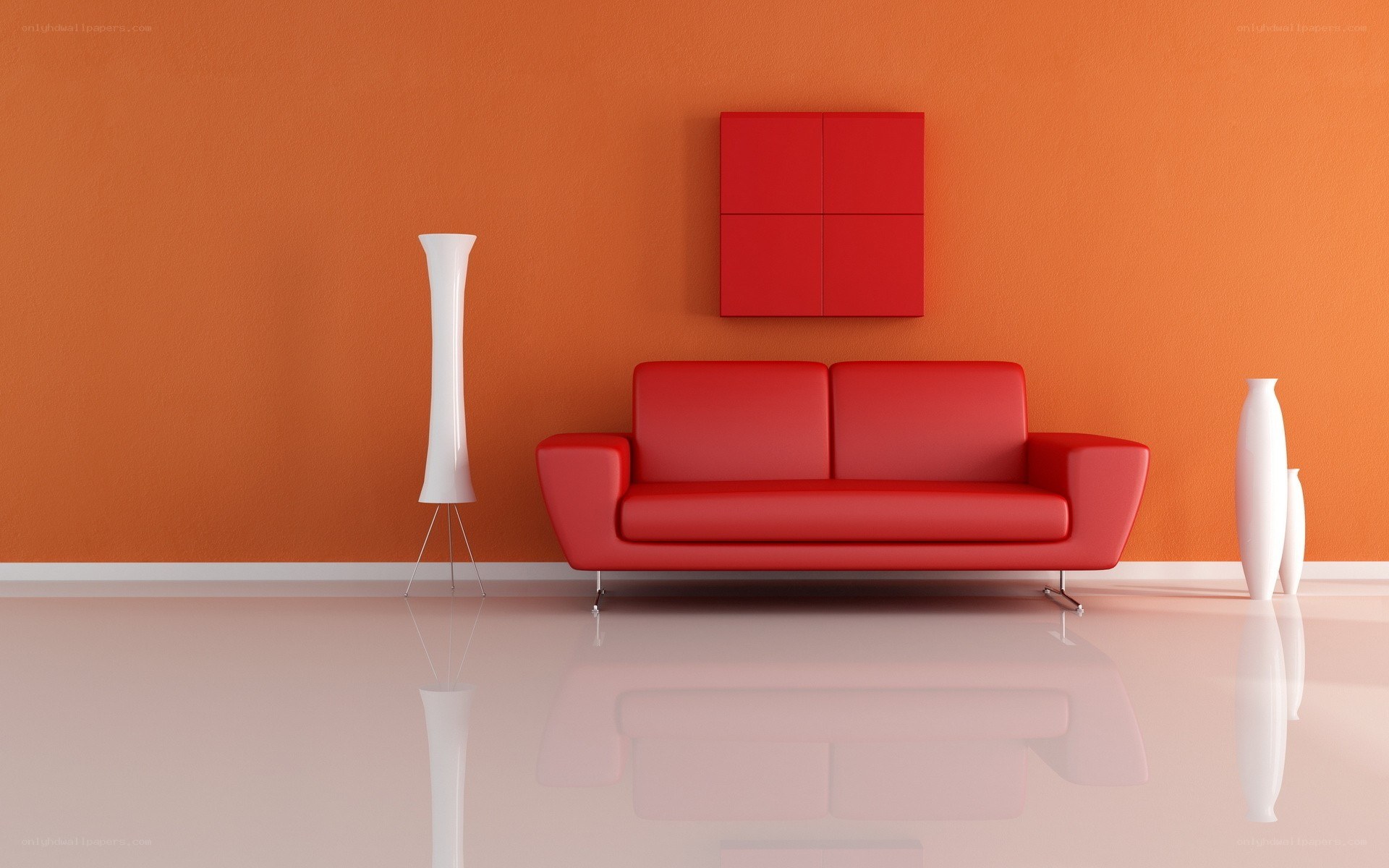 Red sofa in orange room