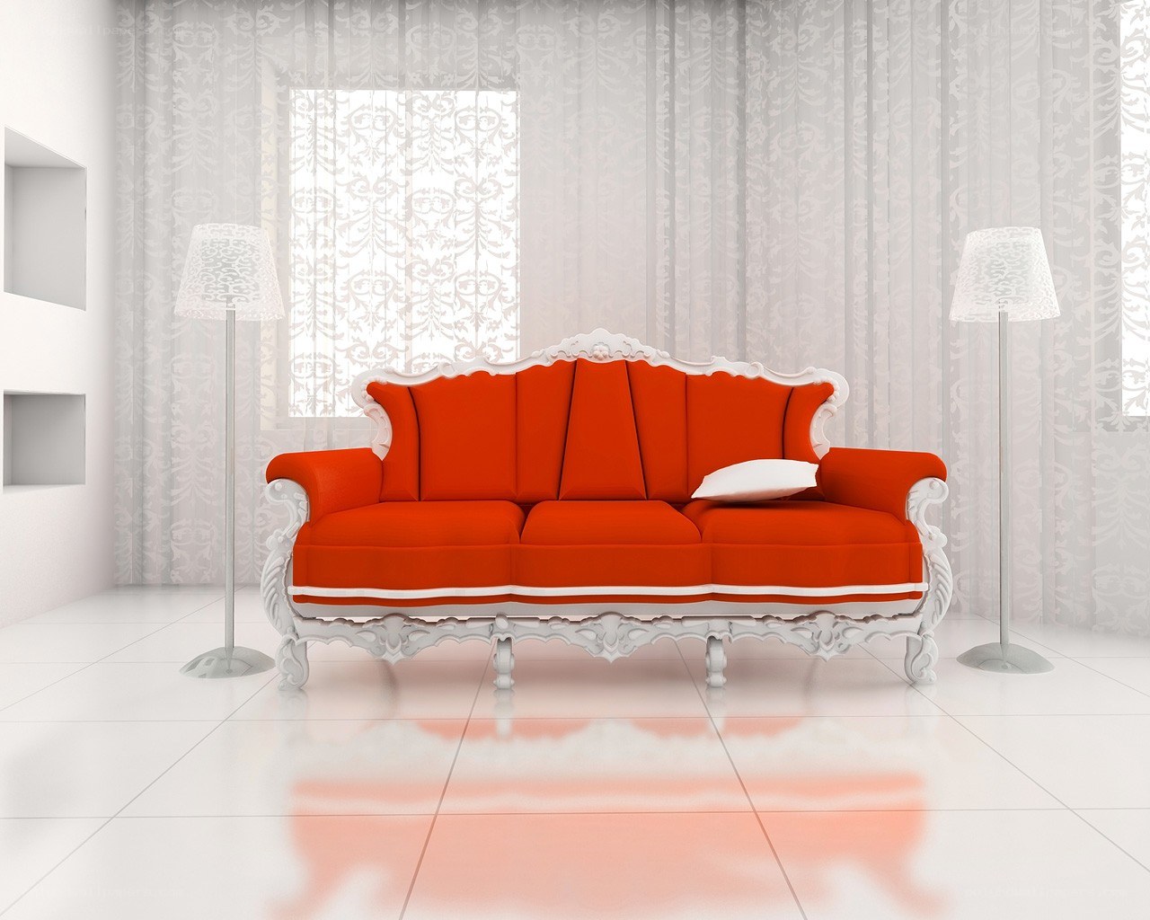 Red sofa in white room