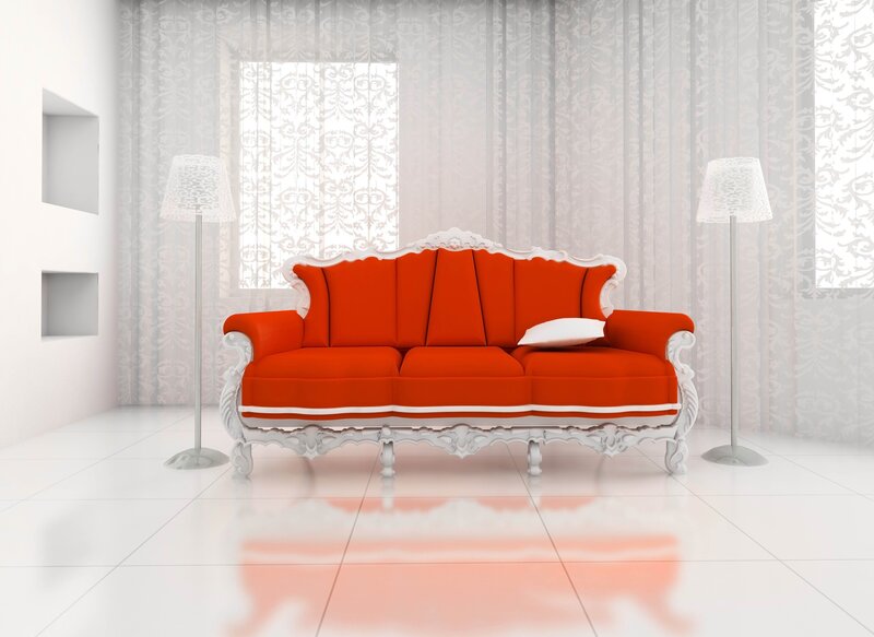 Red Sofa in White Room — Minimalist, 3d Render, Lamp