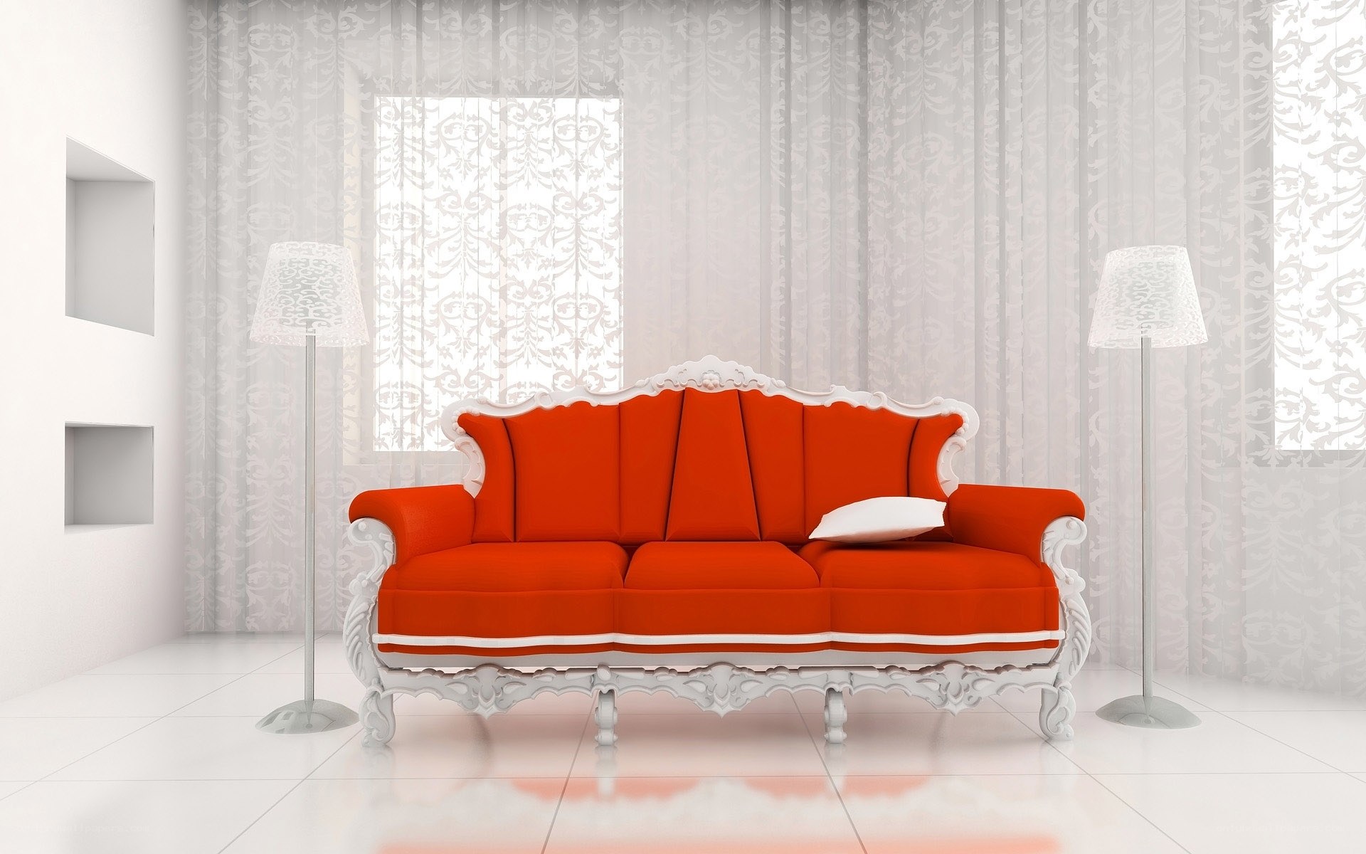Red sofa in white room