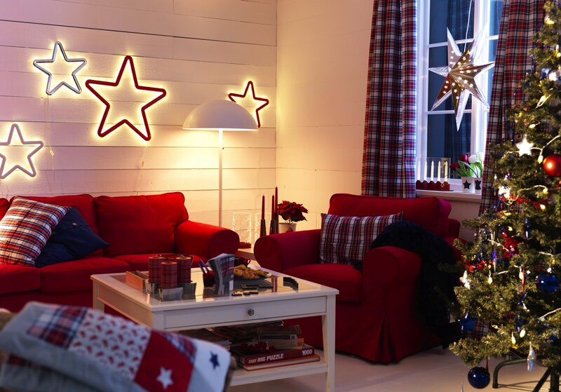 Red Sofas in Living Room — Cozy, Night, Photograph
