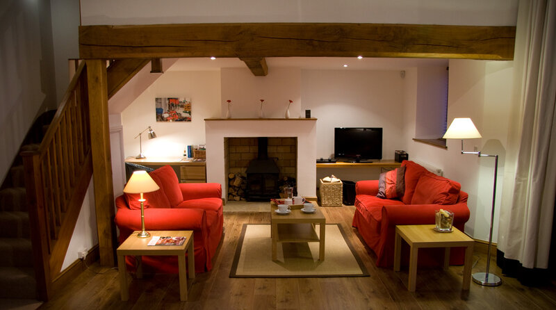 Red Sofas in Living Room — Cozy, Night