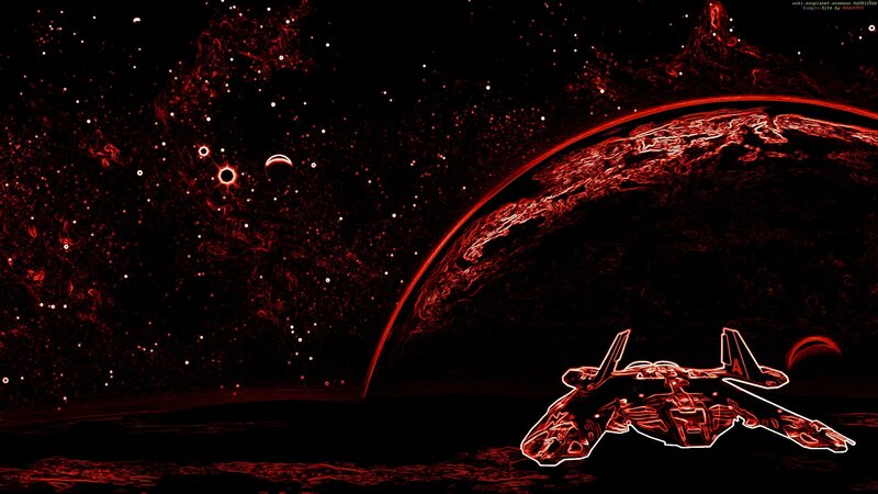 Red space fighter over alien planet