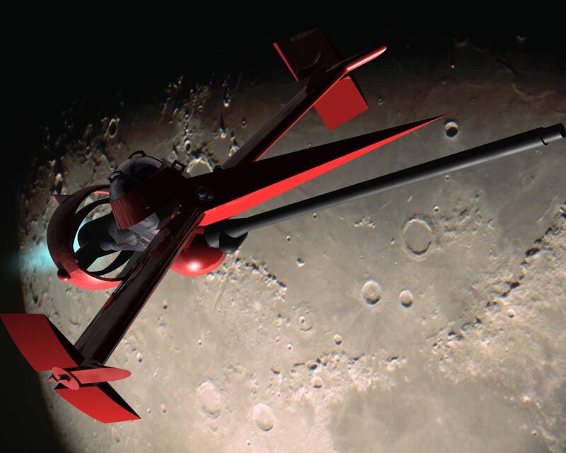 Red spacecraft over moon