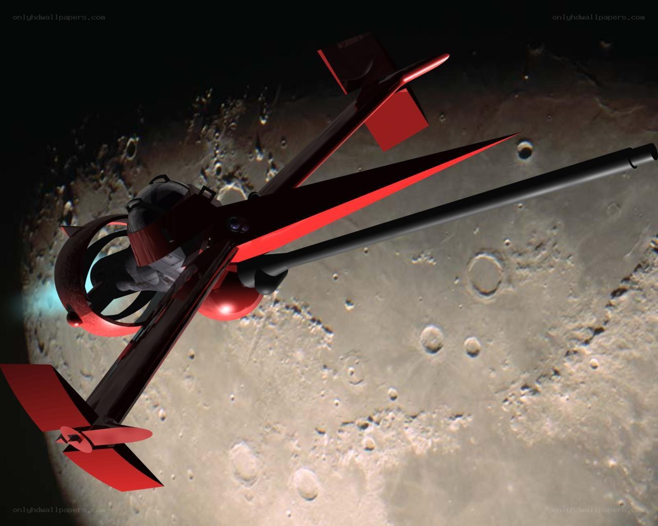 Red spacecraft over moon