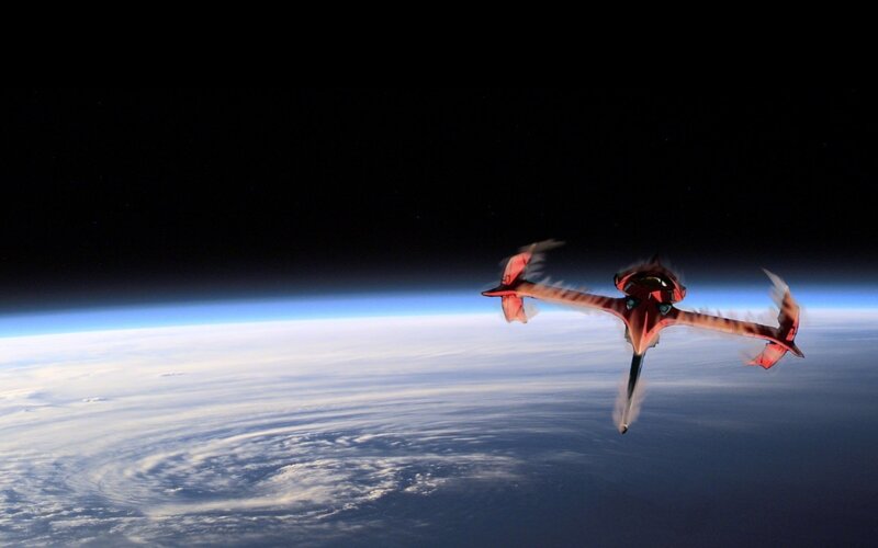 Red Spacecraft over Planet — Dramatic