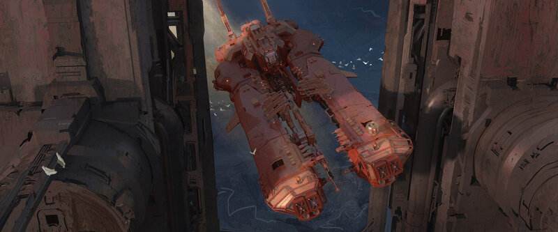 Red Spaceship in Hangar — Dramatic