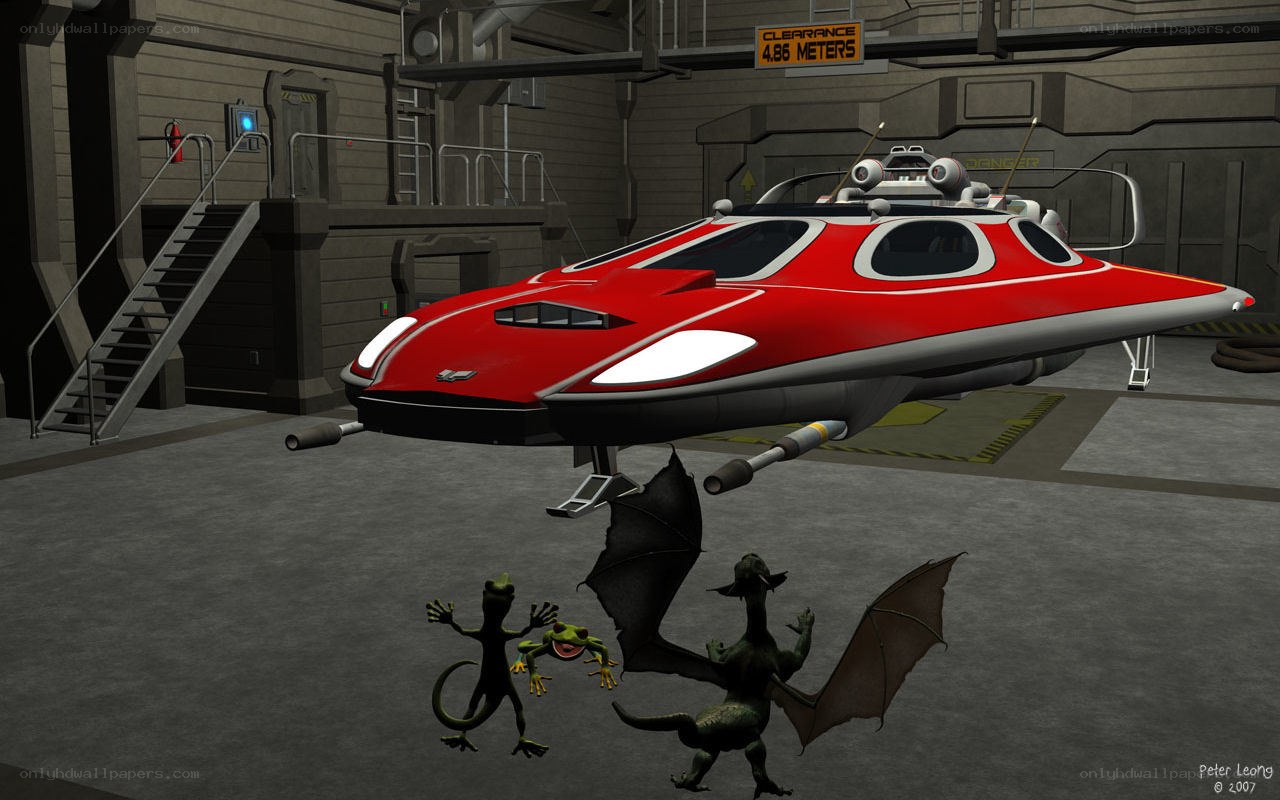 Red spaceship in hangar with creatures