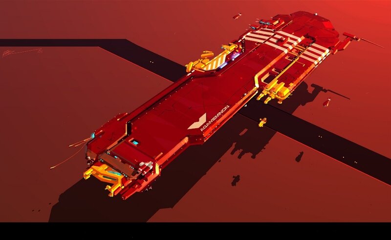 Red spaceship on alien planet