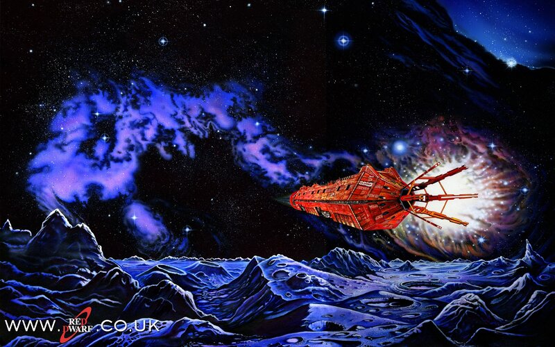 Red spaceship over alien planet