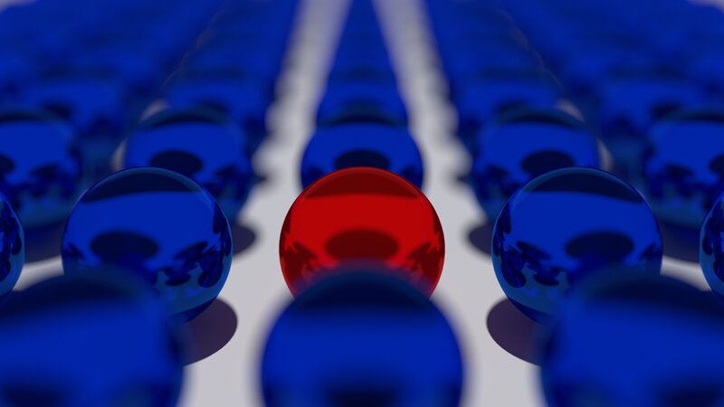 Red Sphere Among Blue Spheres — Abstract