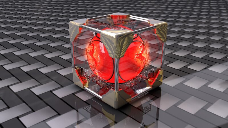 Red sphere in a glass cube