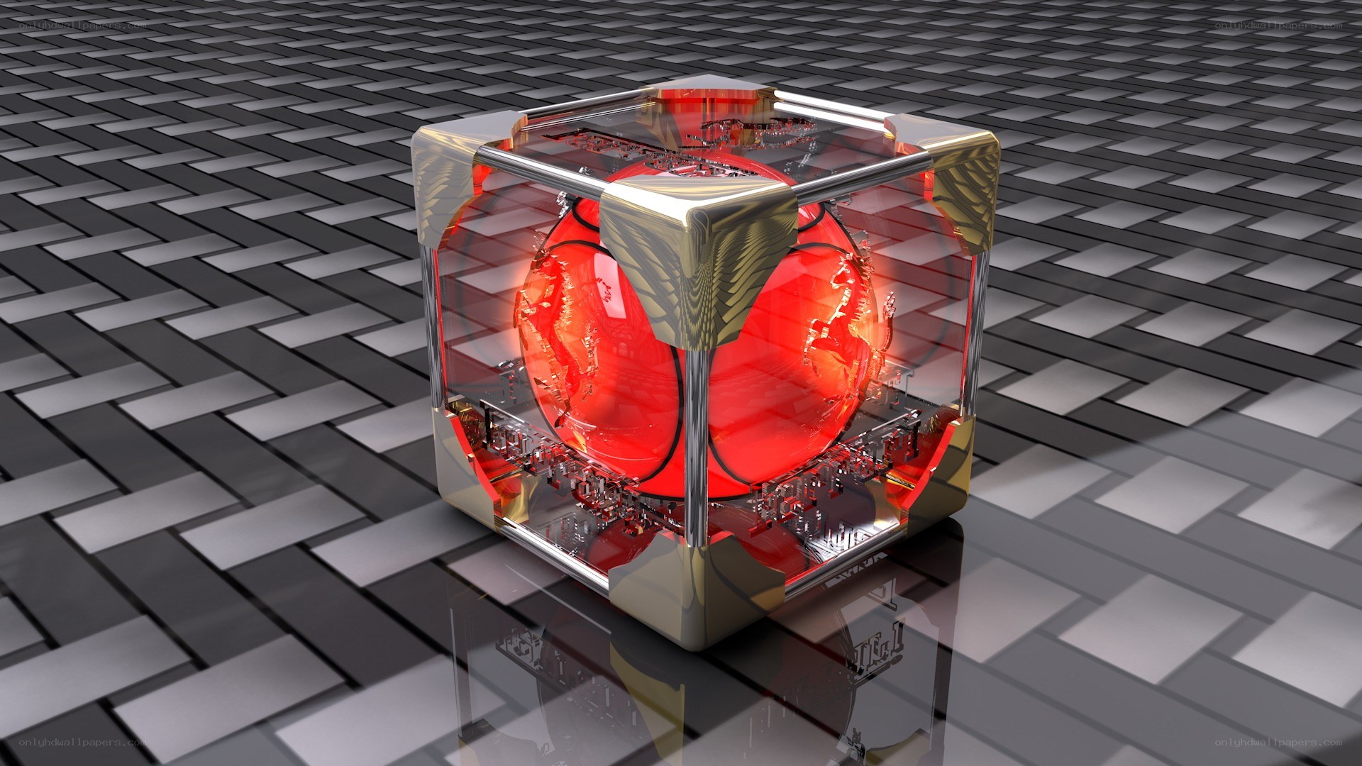 Red sphere in a glass cube