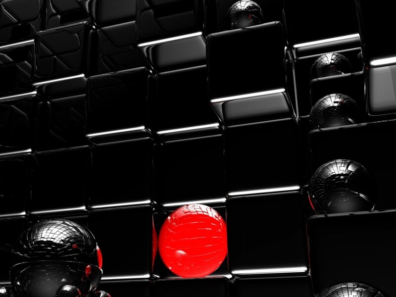 Red Sphere in Black Cubes — Dramatic