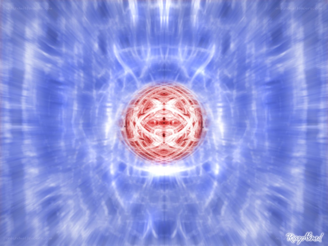 Red sphere in blue energy field