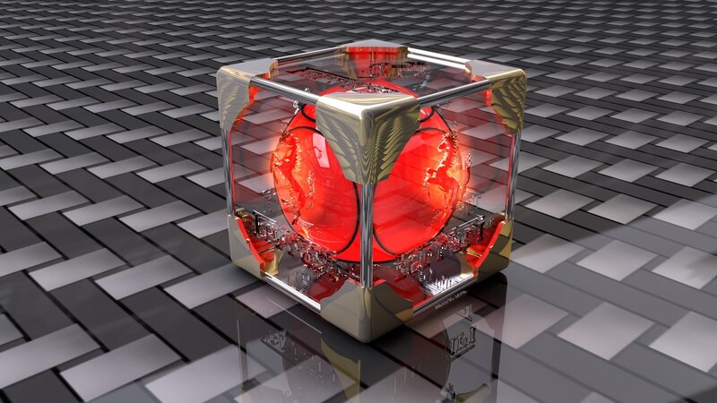 Red Sphere in Glass Cube — Technological