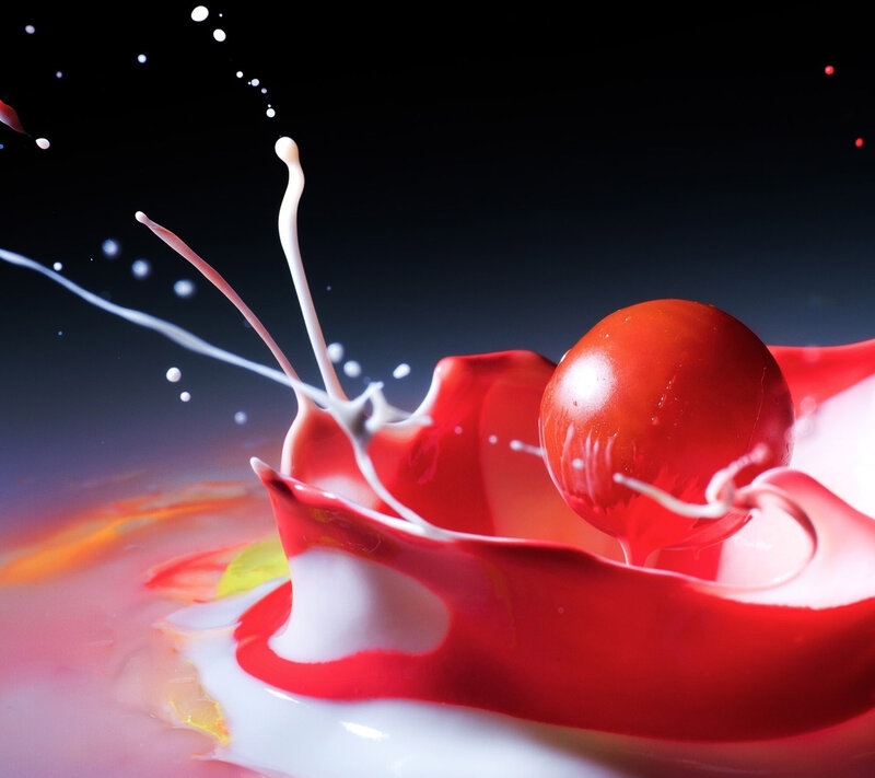 Red Sphere in Liquid Splash — Dramatic, Digital Art