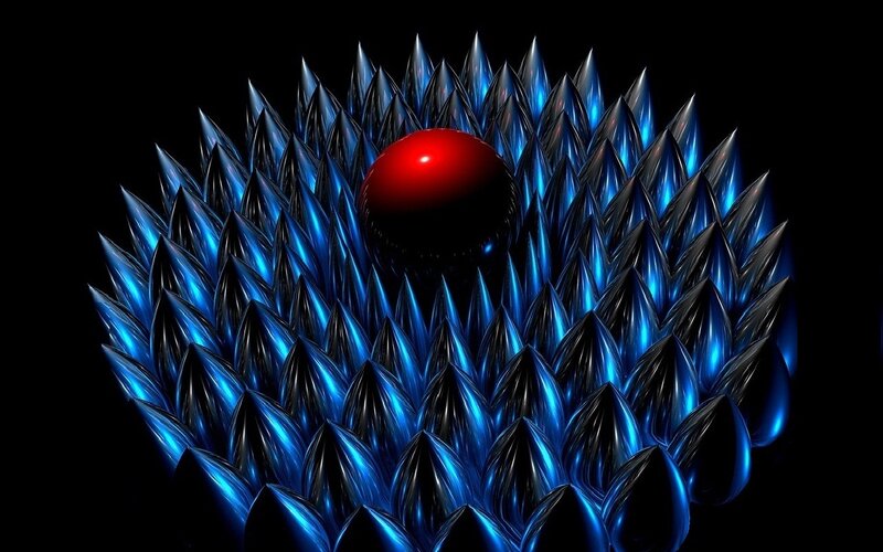 Red Sphere on Blue Spikes — Dramatic, 3d Render
