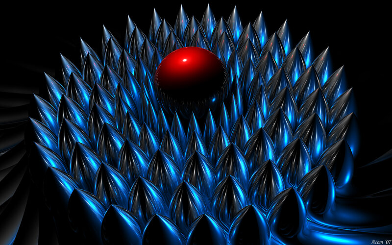 Red Sphere on Blue Spikes — Dramatic