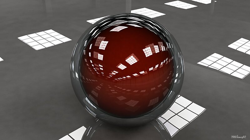 Red sphere on tiled floor