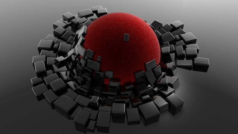 Red Sphere with Black Cubes — Dramatic