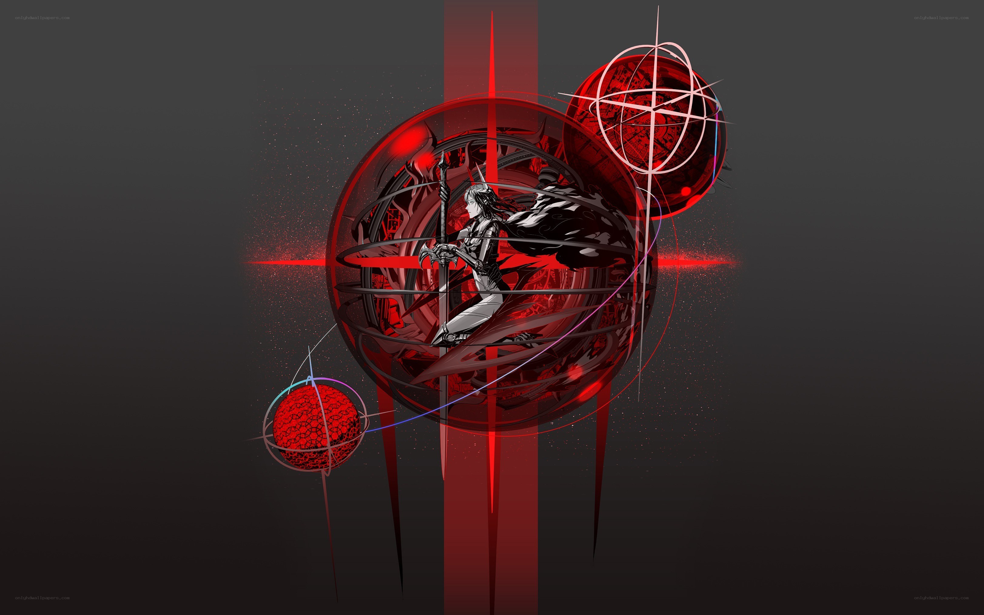 red sphere with warrior figure