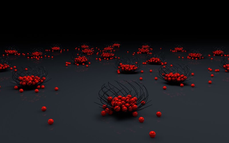 Red spheres in black cages